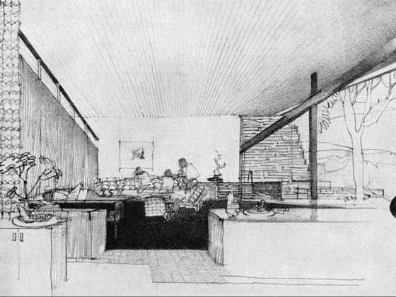 An architectural drawing of the living room of Richard Neutra's case study house #6