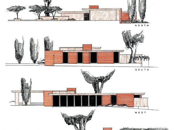 A color rendering of the 4 elevational angles of Case Study House #5.