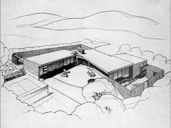 A black-and-white rendering showing an L-shaped home with connected outdoor areas in the back left, right front and between the two wings