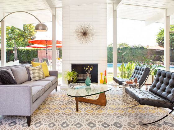 Living room with larage windows and mid century furniture