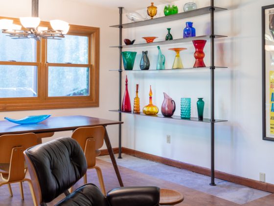 Steel Bookshelves with Mid Century Art Glass