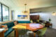 San Mateo Eichler dining area with organic edge table and sputnik chandelier