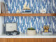 blue cactus patterned wallpaper in cut-out shelving area of Palm Springs home