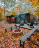 Mid Century modern house in the woods in the autumn